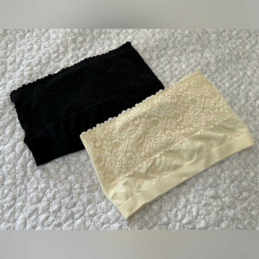 Lace-Trim Bandeau Bralette ( Set of 2)  — Black & Cream